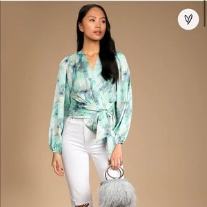 Portrait Perfect Green Multi Satin Long Sleeve Top